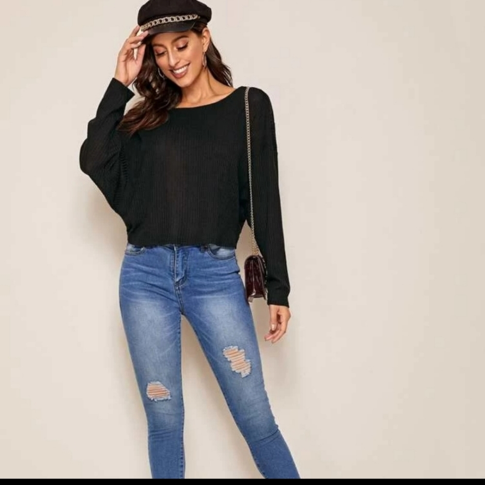 Sexy black low back sweater pearl accents - Picture 5 of 5